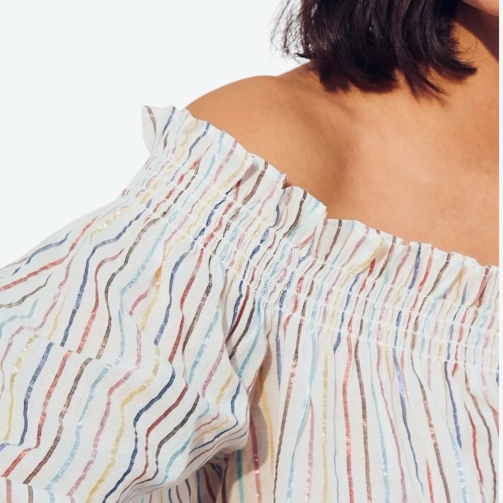 Boden Metallic Colorful Stripe Off The Shoulder Smocked 3/4 Sleeve Peasant Top S - Picture 4 of 13